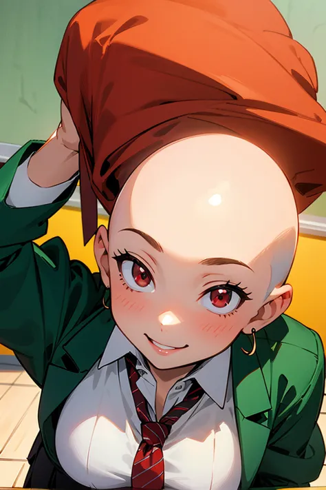 {{{ masterpiece, school classroom background}}}, {{{{{{{{bald}}}}}}}}, {{{red eyes, big breasts, green jacket, white shirt, red ...