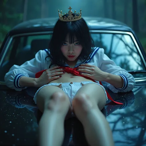 Realistic, Live-Action, (XLabs F.1 Realism LoRA V1), ExtremeAngle, ExtremelyDetailed JK Lying  on the Car,  Spread Knees Up, Haunting Beautiful Reflective Eyes, Coronet, Delicate Clothing textures, Sailor Uniform with Red Ribbon, WhitePanties, corrected le...