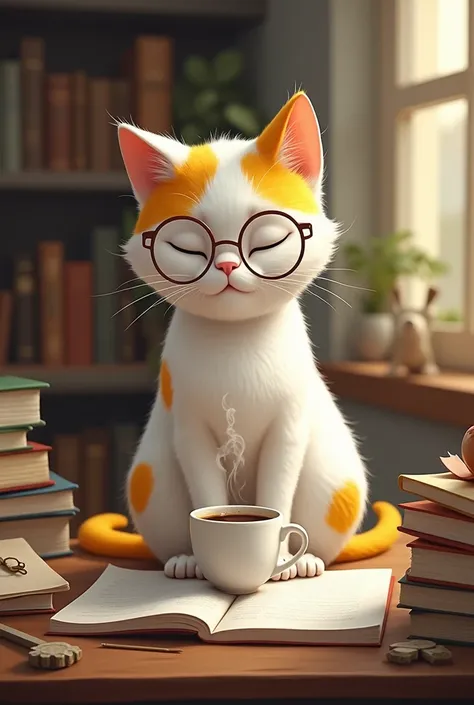 White cat with yellow spots that is studying with lenses very studiously and drinking coffee