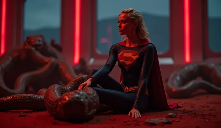 Supergirl, wearing a top with a low cut in the colors of her Supergirl costume, showing silicone breasts, she is sad. 

She is in a room with red lights on a ship, 
humanoid creatures with snake heads are biting her as she lies on the ground.


on a planet...