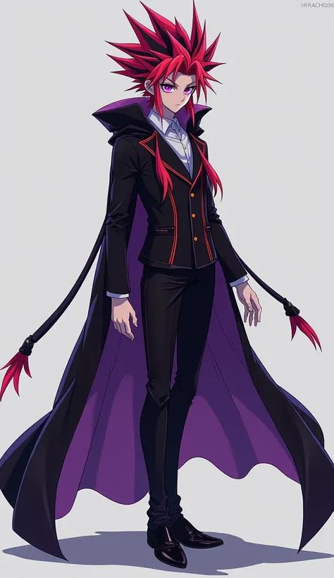 A guy, with black eyes with purple, white eyelashes, red hair in the Yu-Gi-Oh style, wearing a school uniform with a cape and hood, black tight pants and black shoes.