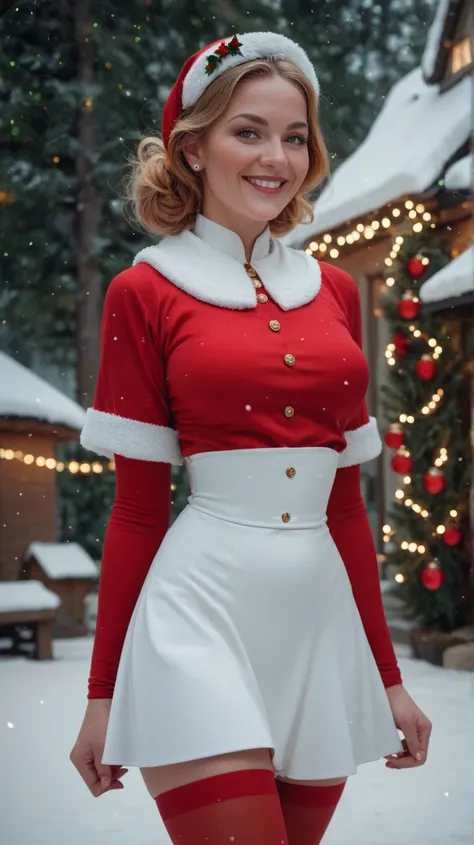 Sexy mother Claus in short clothes ,  smiling wearing a Mother Claus outfit with short skirt and top surrounded by snow and Christmas lights.