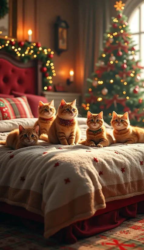  a giant bed in a Christmas setting, The bed must follow the same theme .  on the bed we have 6 cats playing 