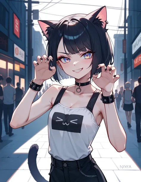 (Masterpiece), (best quality), (high quality), Anime, flawless, dark street, 1girl, cat girl, young, goth girl, cat pose, nya, accessories, choker, evil smirk, best quality shadows, highest resolution, 4k