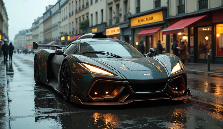 blkmndy, olpntng style, Steampunk sports car cruising the streets of Paris, wet street with reflections, intricate artwork masterpiece, ominous, matte painting movie poster, octane render, golden ratio, trending on cgsociety, intricate, epic, trending on a...