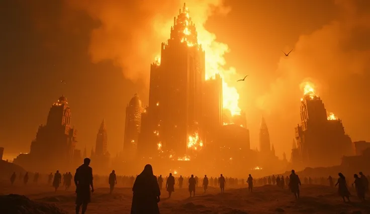 create a scene of the fall of Babylon, represented as a massive, golden city crumbling into dust, with flames consuming its towers, and people fleeing in terror as a colossal shadow looms over, aspect ratio 16:9 cinematic suspense