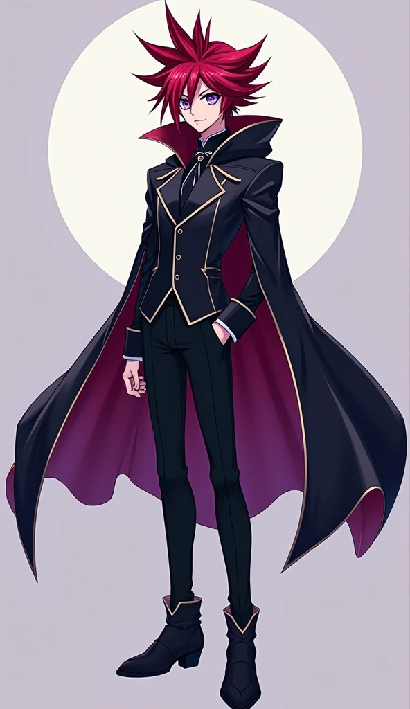 A guy, with black eyes with purple, white eyelashes, red hair in the Yu-Gi-Oh style, wearing a school uniform with a cape and hood, black tight pants and black shoes.