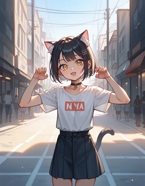 (Masterpiece), (best quality), (high quality), Anime, flawless, dark street, 1girl, cat girl, young, cute girl, cat pose, nya, nya pose, choker, best quality shadows, highest resolution, 4k