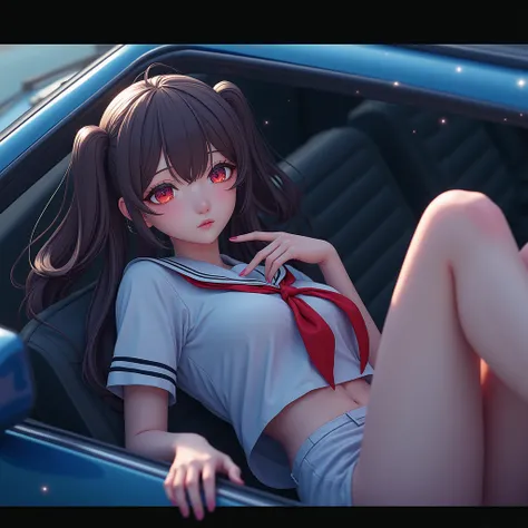 Realistic, Live-Action, (XLabs F.1 Realism LoRA V1), ExtremeAngle, ExtremelyDetailed JK Lying  on the Car,  Spread Knees Up, Haunting Beautiful Reflective Eyes, Coronet, Delicate Clothing textures, Sailor Uniform with Red Ribbon, WhitePanties, corrected le...