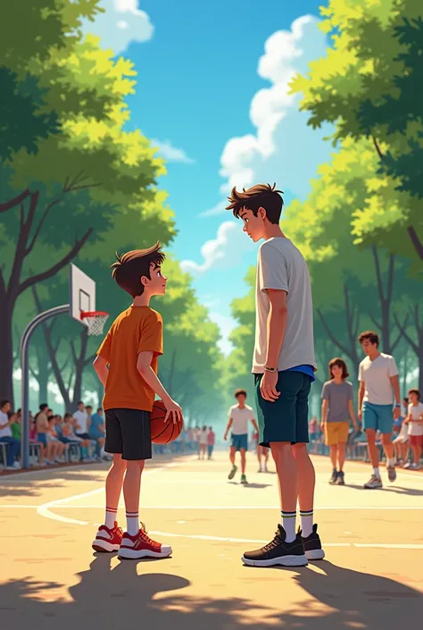 Dylan, a  boy, met a tall young man named Nico in the park during a basketball game.