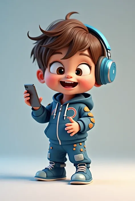 
" A 3D rendering of a baby beatmaker with short brown hair, with cell phone in one hand .  The baby has a playful expression and is dressed in a fashionable outfit with music-themed designs and details in the color blue