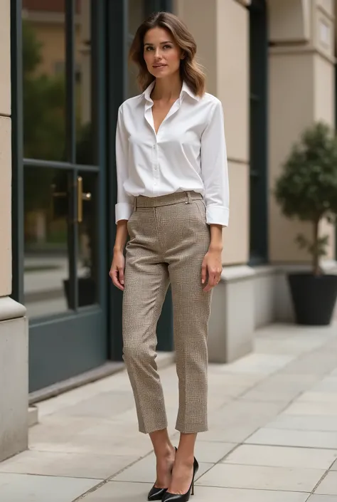 A woman wearing a beige dress pants like Prince of Wales wears black high heels thin toe white shirt not very formal wear for a wedding