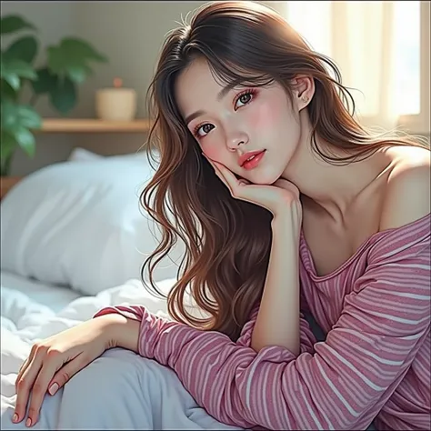 beautiful girl, sitting on bed, wearing loose off-shoulder top, pajama pants, shows her soles, straight/wavy hair, indoors, soft lighting, window with sunlight, cozy room, relaxed pose, re listic, intricate details, warm colors