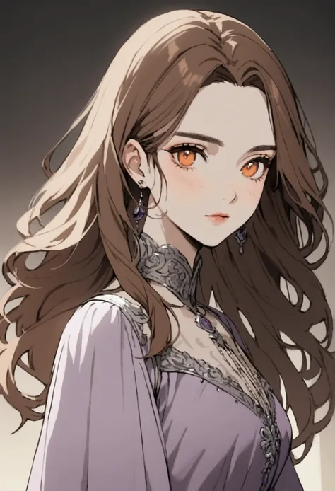 a beautiful young woman with long brown hair,bangs, orange eyes, pale purple dress with silver accents, royalty,, solo.