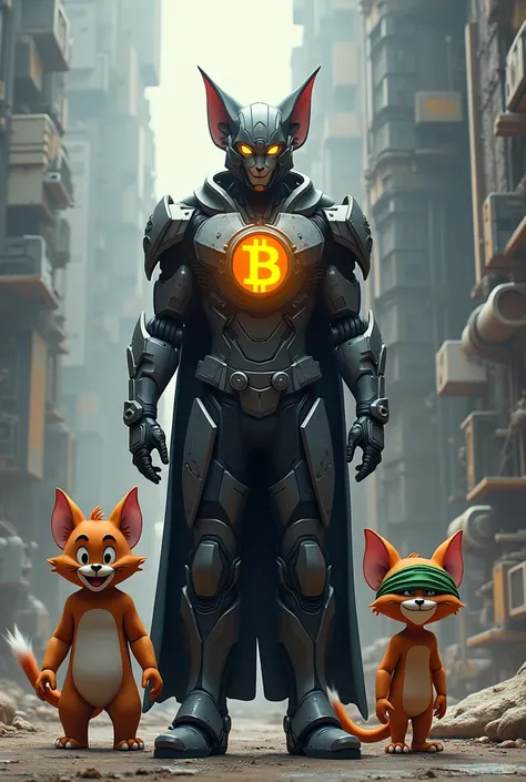  take 1 picture showing a future warrior with a bitcoin logo on his chest, stand next to tom and jerry ,and a blindfolded elf 