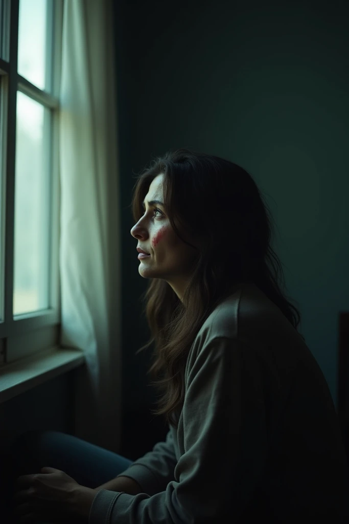 A cinematic 4K image of the woman sitting alone by a window, her face partially visible, showing signs of skin discoloration. Her expression reflects deep sadness and worry. Outside the window, bright sunlight filters through, contrasting with the dim atmo...