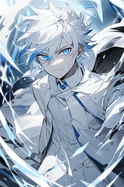 A 19 year old boy,  with white hair with blue tips ,  crystalline light blue eyes , pale and neutral skin .  Who wears a special white suit as if he were fighting,  that is covered with a white hooded cape 