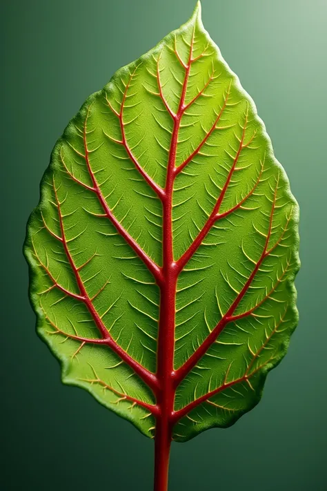 Realistic photography of a leaf. Visible red veins in leaf. Centre vein looks like a lightning 