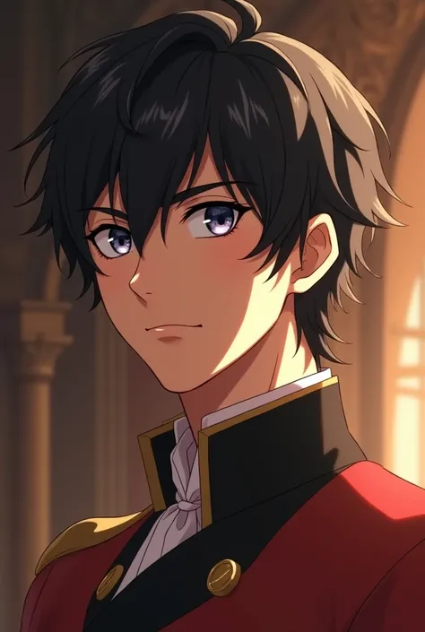 image of a prince in his palace with dark hair and fair complexion , Not so realistic is the image ,  the prince must appear to be 18 years old but the image has to be like a movie and with short hair and NOT SO REALISTIC THE IMAGE ,more anime-like  