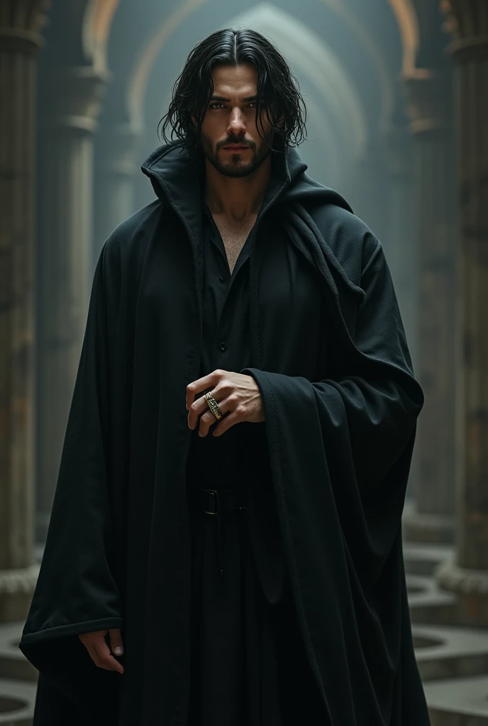 A man, with black hair and brown eyes, wearing a black robe and wearing a ring, was standing facing forward.