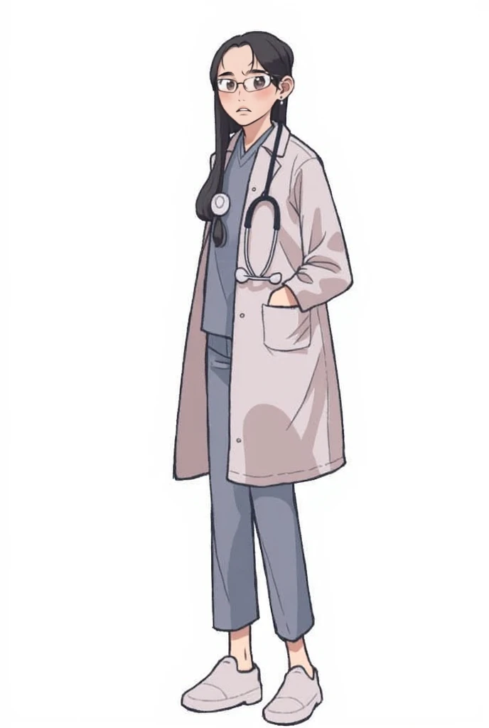 a doctor, white background,thin beard,Square eyeglasses expression would be short hair,man