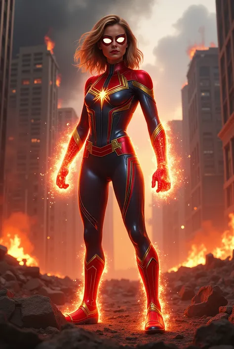 An ultra-realistic image of a hybrid hero formed by the fusion of Spider-Woman and Captain Marvel, standing tall amidst the fiery ruins of a devastated city. The hybrid heros suit combines the sleek, jet-black material of Spider-Womans costume with intrica...