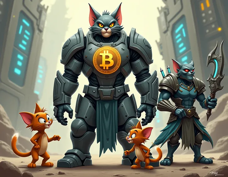 csinálj egy rajzolt képet ahol egy jövőbeli katona, mellvértjén egy bitcoinnal, mellette legyen ott tom és jerry a meséből, és mellettük álljon ott egy night elf a warcraftból akinél egy warglaive of azzinoth van a kezében