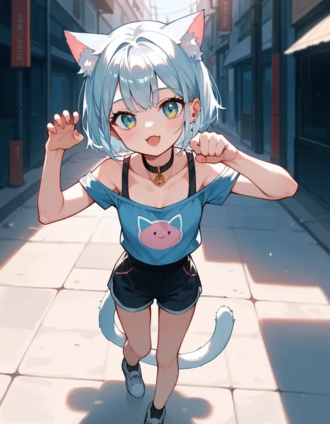 (Masterpiece), (best quality), (high quality), Anime, flawless, dark street, 1girl, cat girl, young, cute girl, cat pose, cute paws pose, choker, best quality shadows, highest resolution, 4k