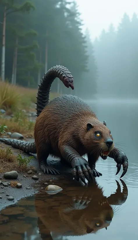 Hybrid monster of Beaver and Scorpion, the creature is crouching on the riverbank, its body a blend of sleek brown fur and a segmented, armored exoskeleton, the beaver’s broad flat tail morphs into a long, spiny scorpion tail, which is curled menacingly ab...