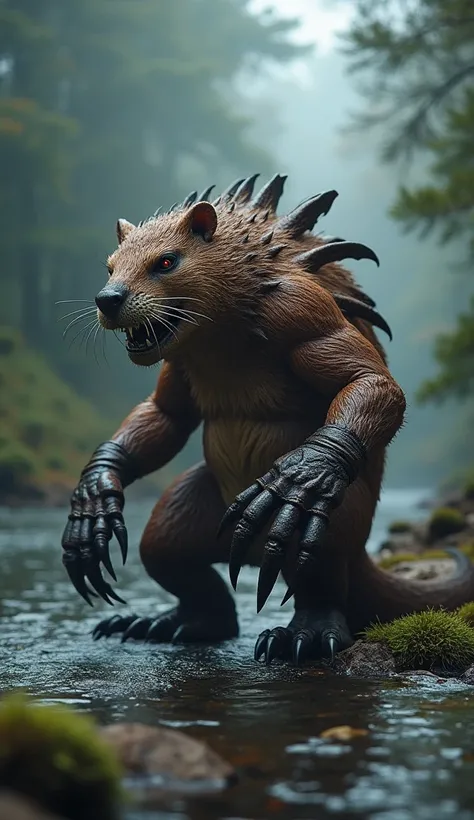 Hybrid monster of Beaver and Scorpion, the creature is standing upright on the riverbank, its body a mix of beaver’s muscular torso covered in sleek brown fur and scorpion’s segmented, armored abdomen, the creatures large, flat beaver tail extends into a l...