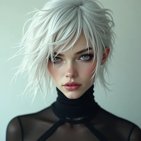  Beautiful woman with completely white hair with captivating penetrating gray eyes.  She wears tight clothing with long and slightly messy hair . She has defined features and fleshy lips . 