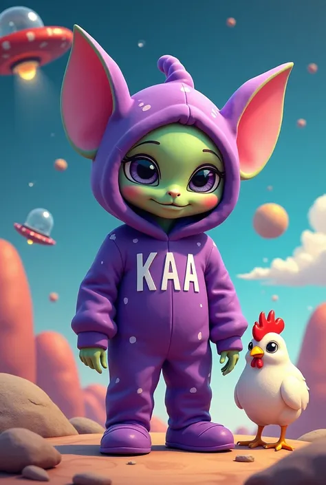 A cute alien 。Costume is purple。 with the letters kaa on the chest 。 there is a chicken nearby 。Background、 spaceship UFO is flying like in space。