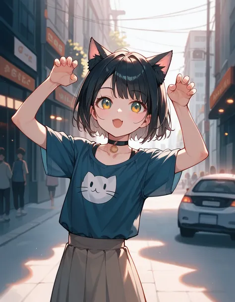 (Masterpiece), (best quality), (high quality), Anime, flawless, dark street, 1girl, cat girl, young, cute girl, cat pose, cute paws pose, choker, best quality shadows, highest resolution, 4k