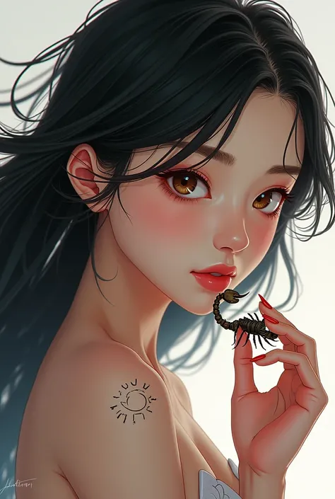 An anime-type woman with black hair pink lips with a small tattoo of a moon with the sun together. holding a small scorpion in her hand .  brown eyes . I liked it that way . 