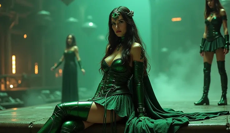 Megan Fox sits on a mechanical stage. In green shiny armor and a skirt - green steel. She is wearing a corset and a cloak. On her head is a mechanical headband with green emeralds in the center. There are many cables and wires sticking out of her body. Nin...