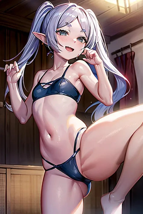 (( best quality)), ((masterpiece)), (be familiar with),  perfect face, indoor, bedroom,  watching viewers ,
One woman, Frielen,
 characters with open mouth ,  ecstatic expression with hands in front of body, blush, smile,
Small breasts,  flat chested, Youn...