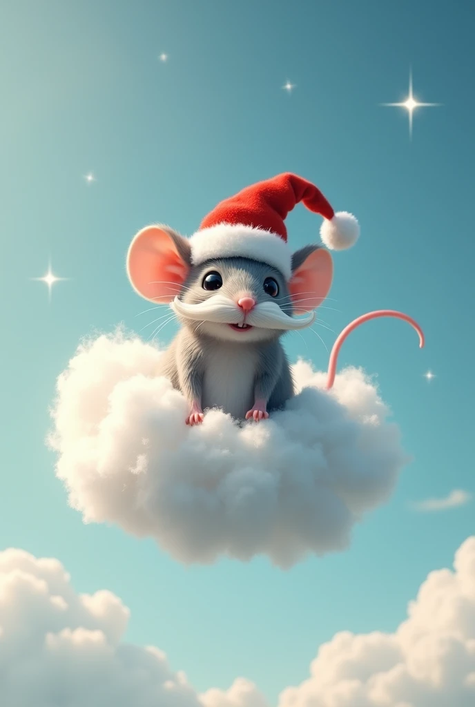 Mouse with Santa Claus hat and mustache flying on a kimpton cloud