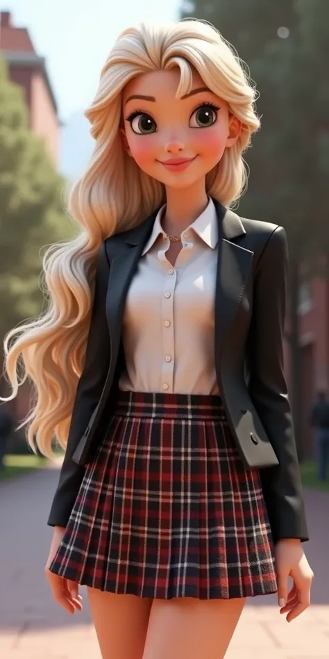 pixar 3d resin princess elsa style in college with aesthetic clothing, plaid mini skirt, with white shirt and tie, and black jacket, and with long loose hair