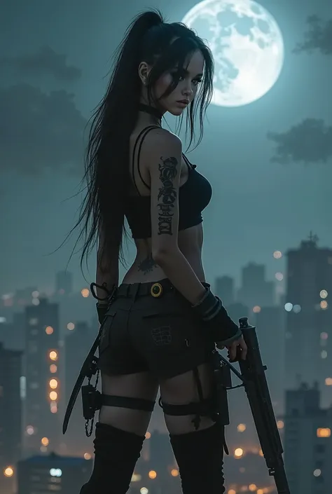  beautiful Indonesian woman ,   long hair ,  cosplay Laura Tomb Raider, high body ,   Hair with a waterfall scythe , holds a gun,  arm tattoo named "NIE "  with great art . on top of the building .   Background moon and fog , at midnight  