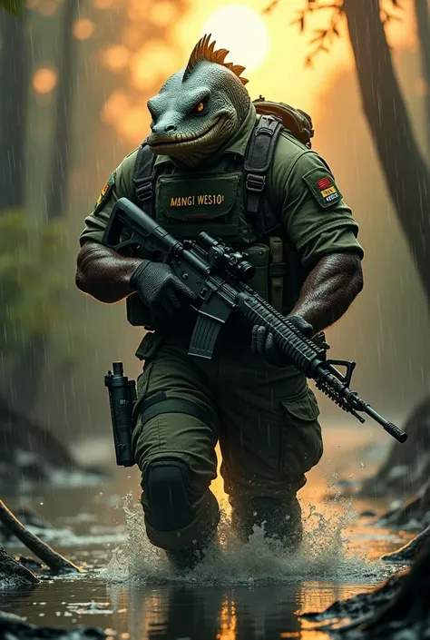 A burramundi fish headed fierce muscular soldier dressed in army attire.He shoud be holding a gun and walking on a swamp.the swamp water should be at his waist level.The weather should be raining and the sun should be setting down low in the afternoon. Man...