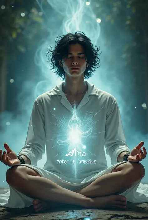 Alma coming out of the body of a young man while meditating his hair is wavy black he wears a bracelet on his left hand behind him there is a text that says after it breaks 
