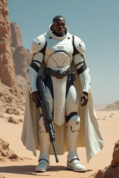 sci fi soldier gun imperial white armor whip dark skin man desert background