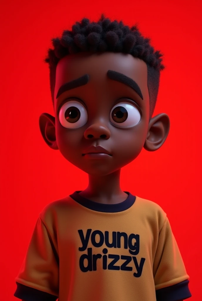 Image of a young animated black boy in a red dope background with the name "Young Drizzy" written on his dress. He has a serious face, not laughing 