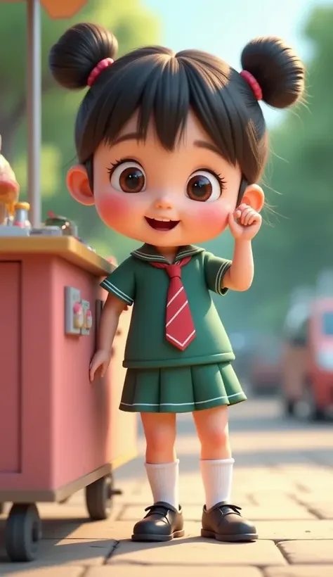 ((picture taken from the side)) a girl, 3D animation with a bright color vibrant, cute and adorable with hair in two buns on top and bangs, a beautiful and cute girl, blushing cheeks, a girl wearing a dark green Indonesian kindergarten uniform, a tie with ...