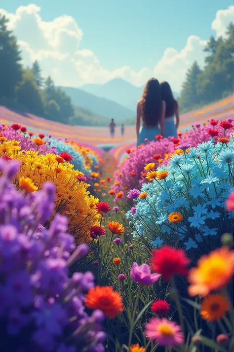 Field with beautiful flowers ,  of the colors purple yellow turquoise blue turquoise red and in the distance a couple with long hair both with black hair,  but far away the faces .