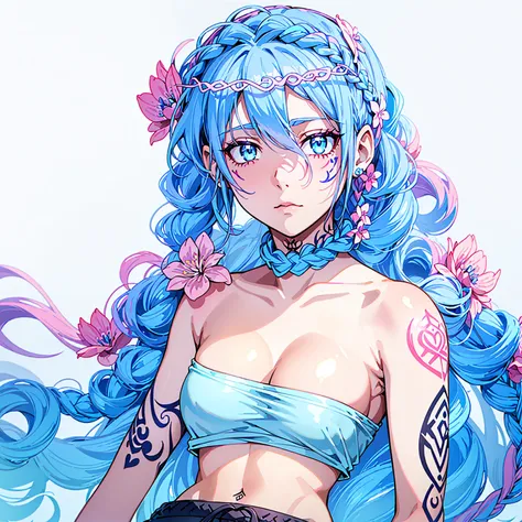 Female, ((SILVER TIARA)), Teal Eyes, (((CURLY BLUE HAIR MIXED BRAIDED PINK HAIR WITH FLOWERS IN HAIR))), Crescent Moon Tattoos, ((RUNE TATTOOS)), Neck Tattoos, Chest Tattoos, Stomach Tattoos, (((LONG WHITE SLEEVELESS SHIRT))), Pants,