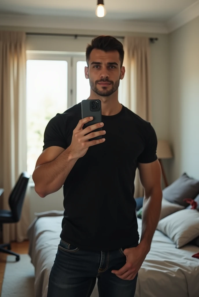 Realistic photo of a 30-year-old man with an athletic build, standing in his room taking a selfie with his smartphone. He is 1.70 meters tall and weighs 70 kilograms, with a lean, toned physique. The man has short, well-groomed dark hair, wearing casual cl...