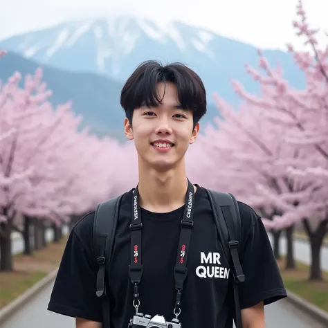 A young korean man standing in front of a beautiful snowy Mountains in cherry blossom tree. The individual is wearing a black t-shirt with the text “MR QUEEN” printed on it and has a camera hanging around their neck. They also have a backpack strap over on...