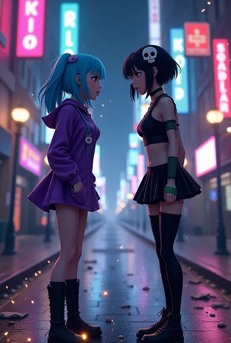 " In the center of a street illuminated by neon lights , Sugar cube y Saladilla se enfrentan cara a cara. Sugar cube,  with her bright blue hair and vibrant purple outfit , Pink and blue,  he has an expression of amazement mixed with disbelief as she obser...