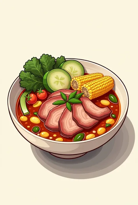  A soup plate that contains inside: meat, Corn and vegetables, Drawing style